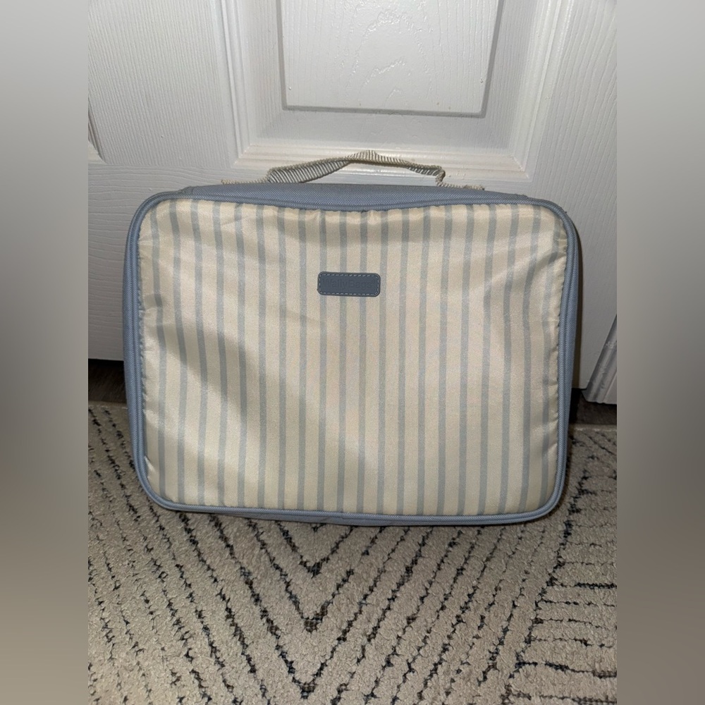 Striped Hanging Cosmetic Bag - Cream and blue.